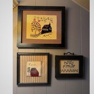 Primitive Farmhouse Wall Art Decor Set of 3 Framed Folk Art Houses Faith Family